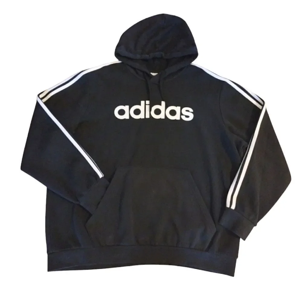 ADIDAS Black White Essentials Three Stripes Logo‎ Pullover Hoodie Men's XXL